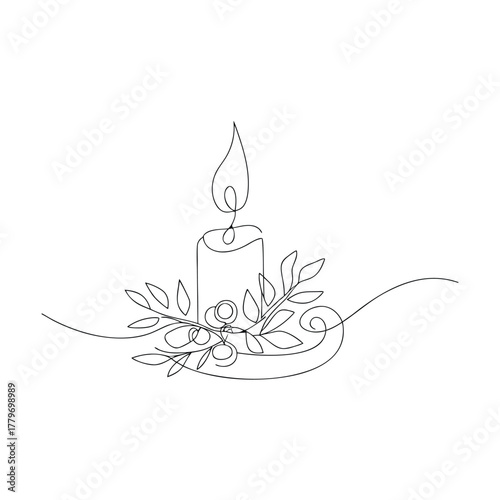 Single Line Drawing of a Burning Candle with Leaves and Berries Keywords: candle, burning, flame