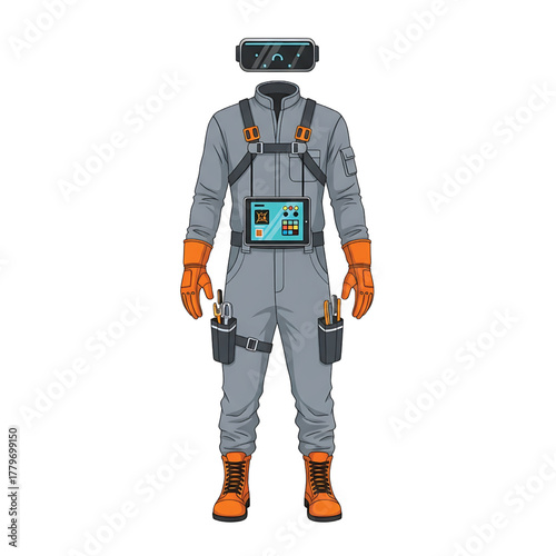 Futuristic astronaut in a spacesuit with vr headset and tools, isolated on white background
