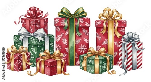 Watercolor stack of wrapped Christmas gifts with ribbons bows and holly patterns on white