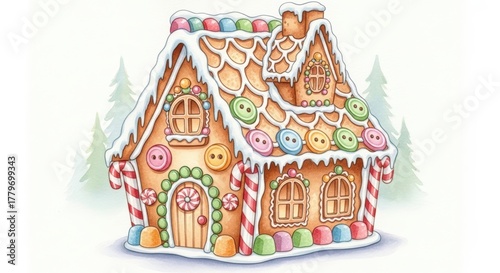 Whimsical gingerbread house decorated with icing candy buttons and peppermint sticks in snowy setting