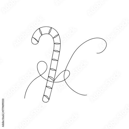 Single line drawing of a candy cane with ribbon christmas