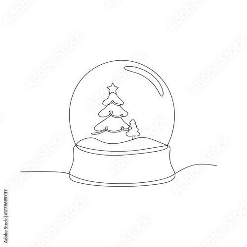 Single line drawing of a Christmas snow globe with tree