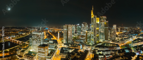 Aerial view of the skyline of Frankfurt am main, Germany at night