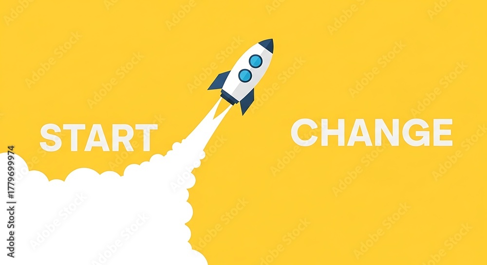 Fototapeta premium Rocket launching with start and change text, symbolizing new beginnings