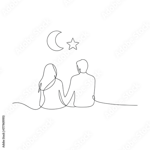 Single Line Drawing of a Couple Under a Crescent Moon and Star Keywords: couple, love, romance