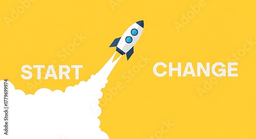 Rocket launching with start and change text, symbolizing new beginnings