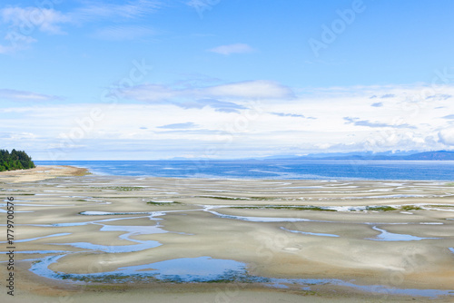 Panoramic view to the sandy beach with tide pools at low tide, blue sky with white clouds in summer day. Parksville, Vancouver island, BC, Canada.