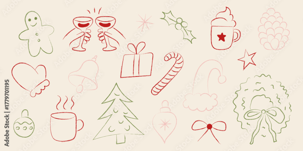 Obraz premium Festive Christmas doodle set with gifts, tree, mugs, candy cane, wreath, bell, and holiday symbols in red and green line art on beige background