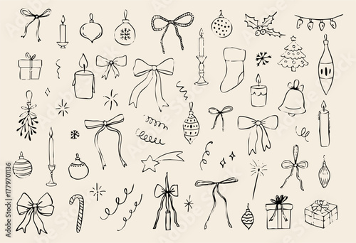 Hand drawn Christmas doodle set with bows, candles, gifts, ornaments, stockings, and festive elements. Black line art on beige background