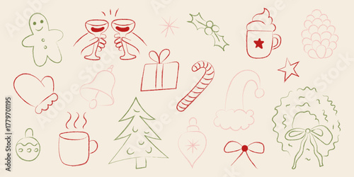 Festive Christmas doodle set with gifts, tree, mugs, candy cane, wreath, bell, and holiday symbols in red and green line art on beige background