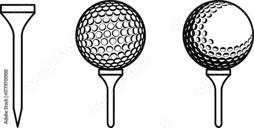 Golf ball and tee illustration set, detailed sports equipment vector icons for golfing design, tournament logo elements, professional game accessories artwork