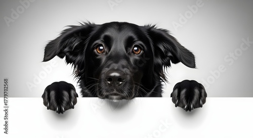 Adorable black dog with soulful eyes peeking over a blank white banner with its paws visible