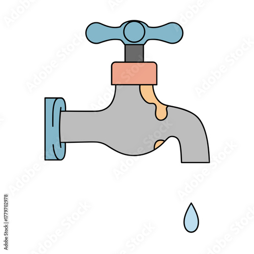 Rusty leaking faucet illustration with water drop in a flat design style 