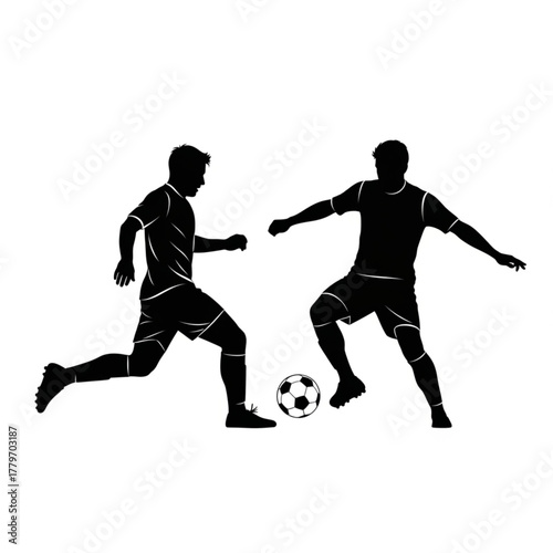 Dynamic silhouette of two football players in action, dribbling and defending for competition, vector sports illustration for graphic design and creative project, black and white