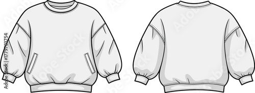 Oversized sweatshirt front and back view, casual fashion apparel design, cozy streetwear style, cad drawing vector illustration