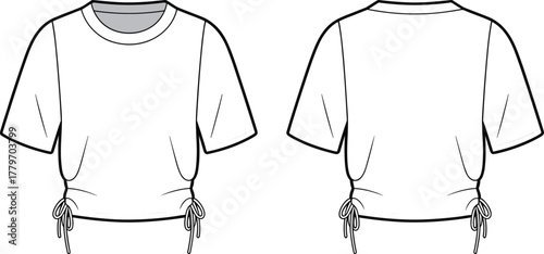 Trendy drawstring crop top, fashion flat sketch, short sleeve t-shirt, stylish vector illustration