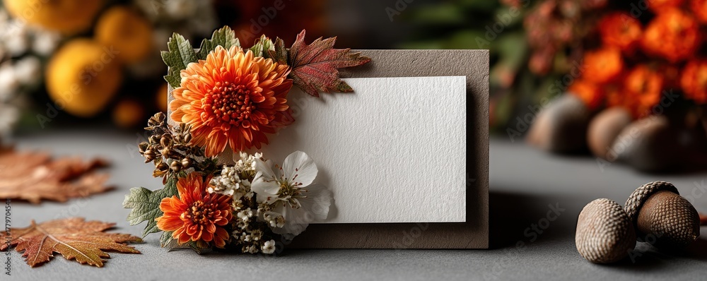 Obraz premium Autumnal white card surrounded by leaves, berries, and chestnuts for festive or seasonal display