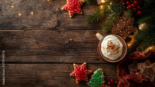 Holiday decorations and festive Christmas cookies with hot chocolate
