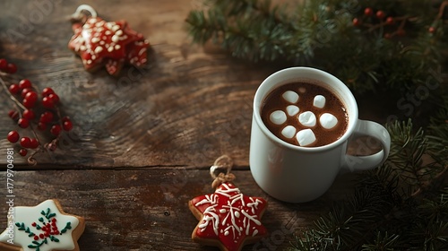 Christmas cookies with hot chocolate and holiday decorations