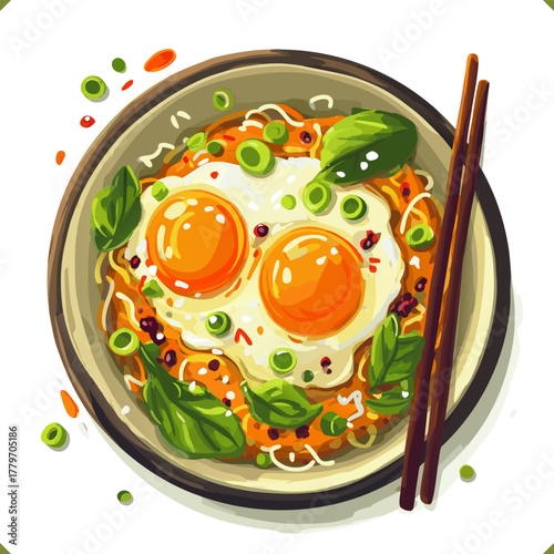 Vector illustration of fried eggs, scrambled eggs with vegetables and herbs, tomato, salad, isolated on a white background