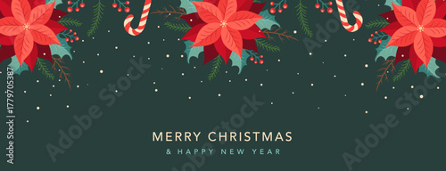 Merry Christmas banner, cover, poster, or greeting card adorned with winter plants and flowers. Features hand-drawn poinsettias, holly berries, fir branches, snowflakes, and festive typography.Vector.