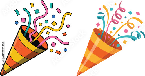 Confetti Poppers with Colorful Streamers and Confetti | Celebration Vector Illustration for Party Invitations, Greeting Cards, and Event Graphics