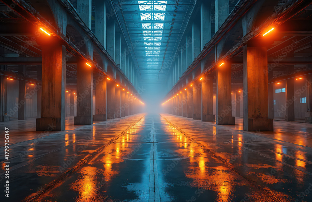 Fototapeta premium Vast industrial interior with rows of concrete pillars illuminated by orange lights. Reflective wet floor mirrors vibrant glow, creating symmetrical pathway into foggy distance. Modern manufacturing
