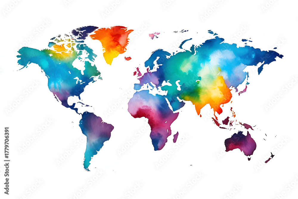 Fototapeta premium Colorful watercolor world map illustration