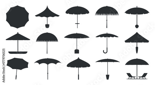 Set of beach umbrella silhouette vector illustration design with clean composition and isolated in white background for various purposes
