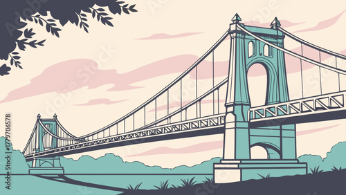 Minimal vector of Waco suspension bridge in pastel sky
