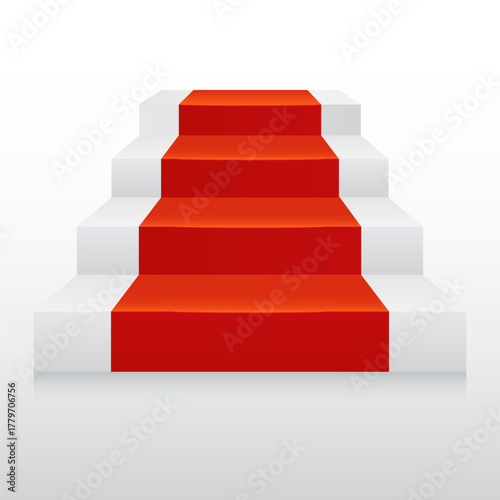 Stairs up are covered with red carpet.