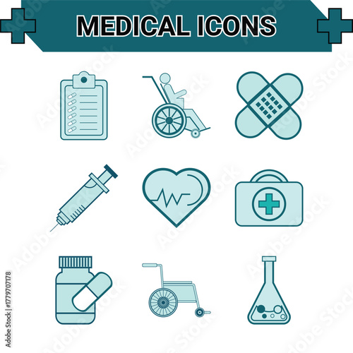 Twelve teal colored line icons for digital design