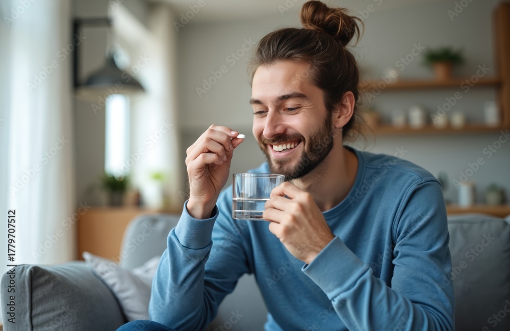 Fototapeta premium Happy man takes pill with water at home. Guy takes medication sitting on sofa. Healthcare concept of treatment. Vitamin intake for wellness. Indoor shot.