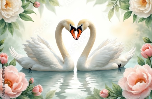 Fototapeta Naklejka Na Ścianę i Meble -  Two white swans in love create heart shape on calm water. Romantic bird couple floats in pond surrounded by pink peony flowers. Beautiful illustration of fidelity symbol for wedding valentines day