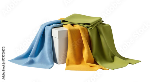 Stack of Colorful Microfiber Cleaning Cloths on White Box isolated on a transparent background