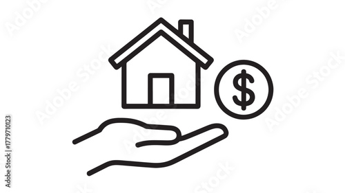 House and dollar coin on a hand simple line art vector icon for real estate or investment concept isolated on white background