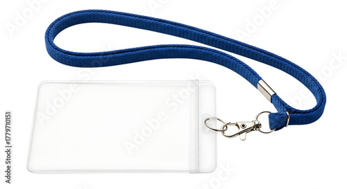 White ID card holder with blue lanyard on black background isolated on a transparent background