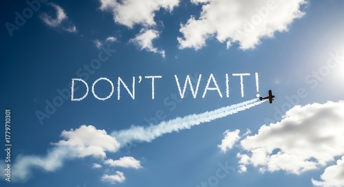 A single-engine aerobatic airplane leaves a trail of white smoke across a bright blue sky, symbolizing a powerful motivational message about seizing the day and taking action now