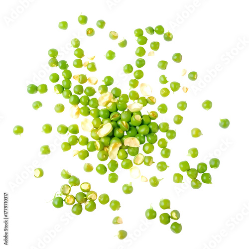 Photo of pile of green peas scattered isolated on transparent background