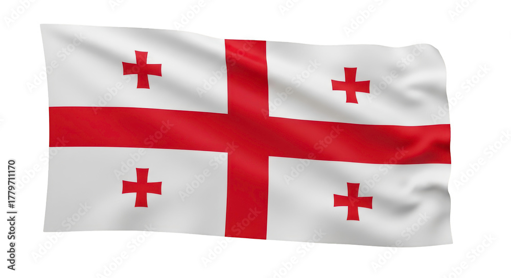Fototapeta premium Waving national flag of Georgia featuring the five crosses, a detailed realistic cloth texture transparent PNG 4K (जॉर्जिया झंडा)