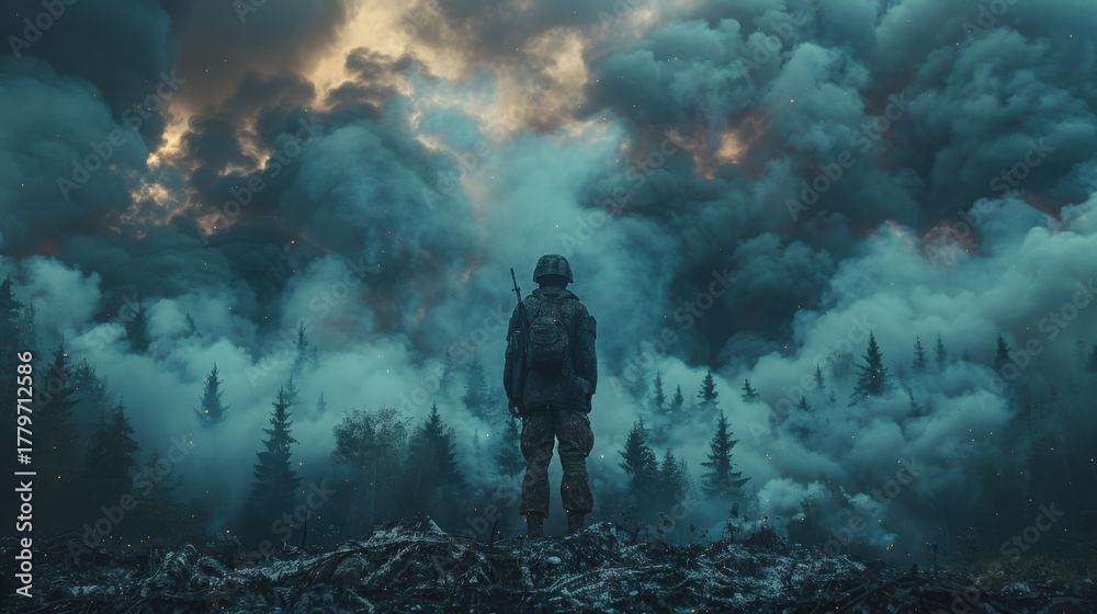 Obraz premium Soldier in army uniform stands amid smoky forest battlefield, guns ready, on alert in a warzone, reflecting the tense, apocalyptic atmosphere of defense, survival, and combat readiness.