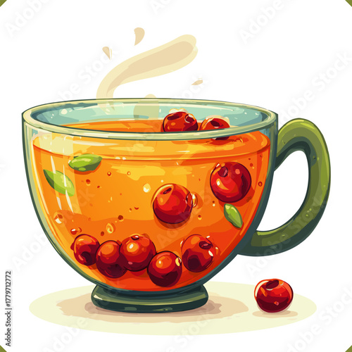 Vector illustration of festive glass mug with hot berry drink and cranberries, decorated with fir branches, isolated on a white background. Vector illustration of winter beverage on white background