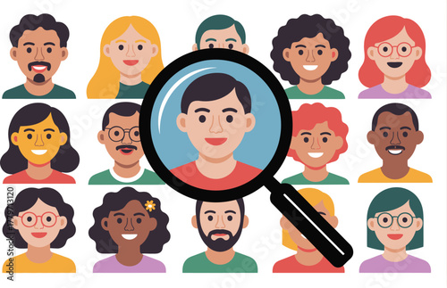 A magnifying glass focuses on a person's face, highlighting them among a diverse group of individuals.