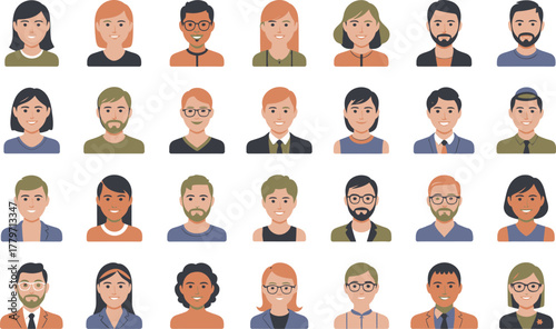A diverse collection of flat design avatars representing various people with different hairstyles and skin tones.