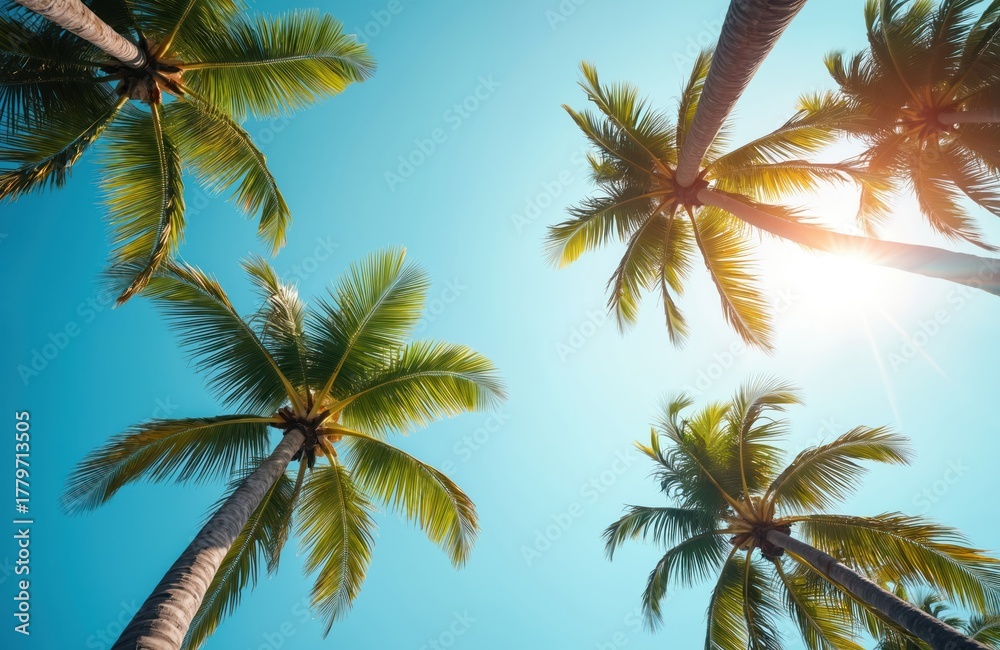 Naklejka premium Tall palm trees reach towards a clear blue sky on a bright, sunny day. Lush green fronds cast gentle shadows below. This scene evokes a warm tropical feeling perfect for vacation or relaxation themes.