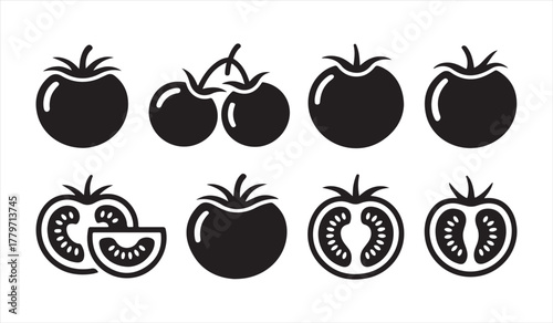 Whole and sliced tomato icons in silhouette style for food, cooking, and nutrition themes