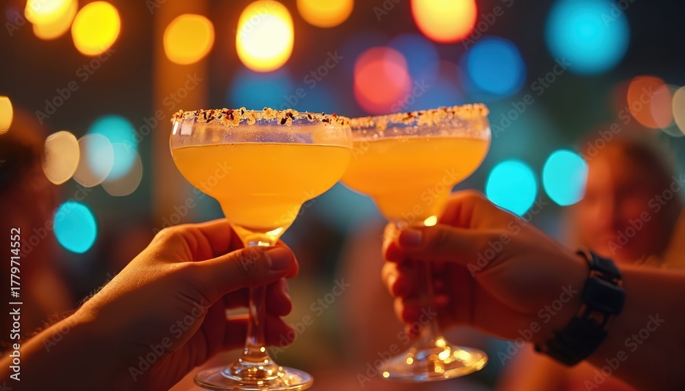 Fototapeta premium Two hands clink bright yellow margarita glasses. Friends toast iced cocktails with spicy salt rims at vibrant outdoor night party. Guests celebrate special event, enjoy festive mood, happy moments,