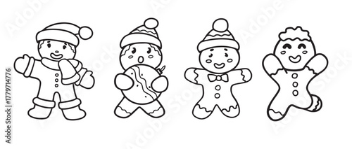 Vector illustration of four cute gingerbread cookies with festive winter accessories, perfect for Christmas coloring pages, holiday decorations, or seasonal designs