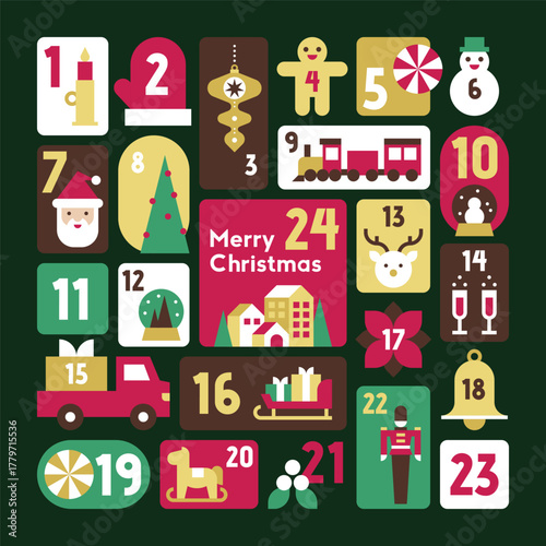 Minimal Dark Advent Calendar with Festive Icons Santa Deer Train Ornaments Gifts Winter