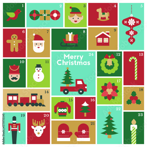 Bright Christmas Advent Calendar with Santa Gifts Train Trees Snowman Festive Flat Winter Icons